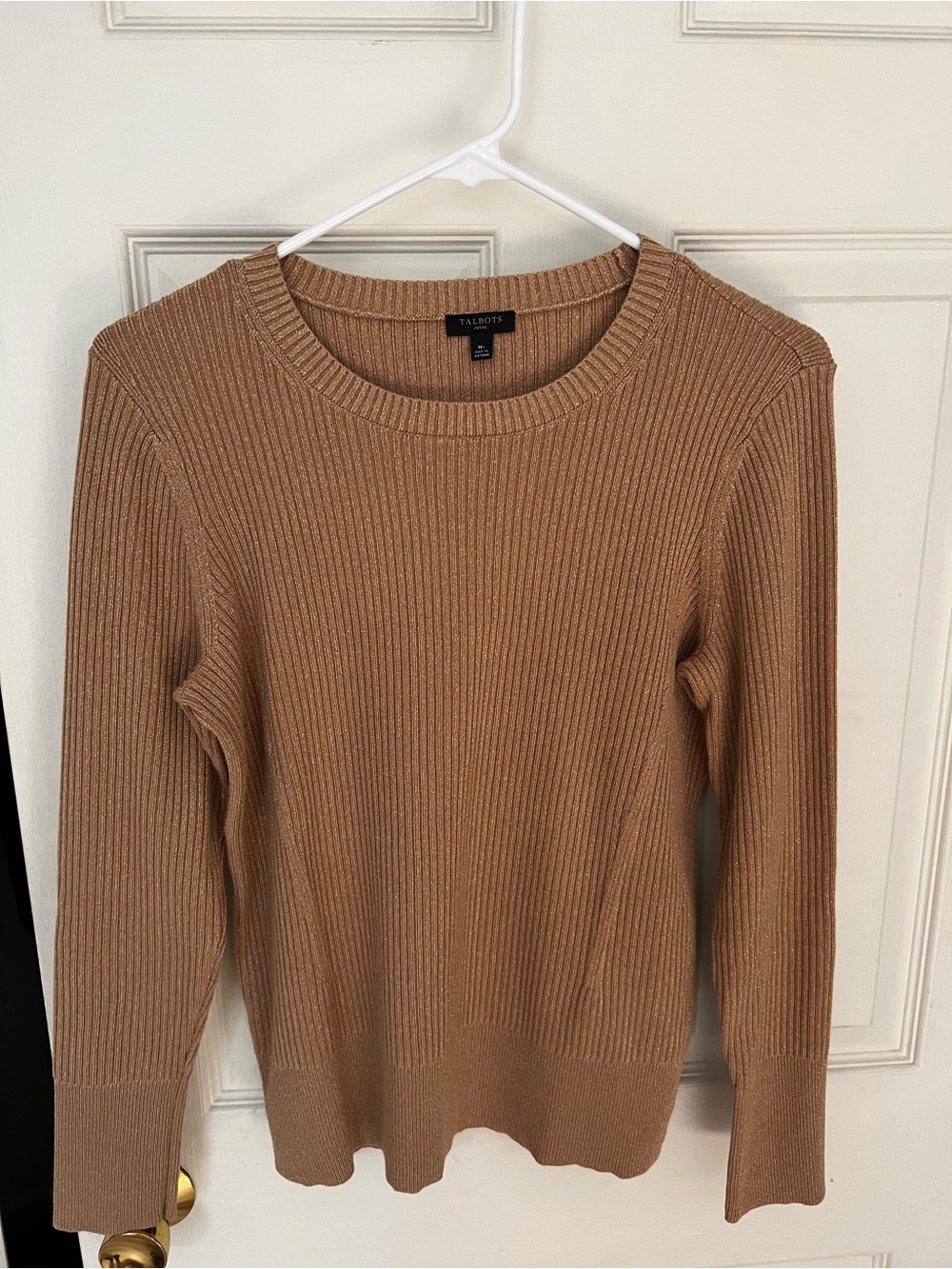 Talbots Metallic Ribbed Knit Crew Neck Sweater- Gold/Tan